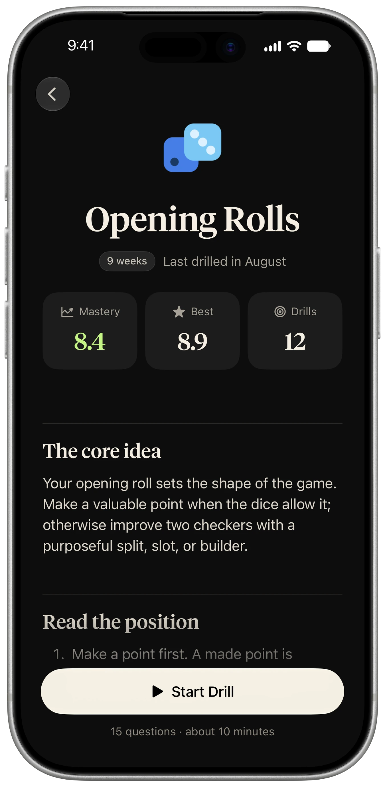 The Opening Rolls lesson on iPhone: mastery 8.4, best 8.9, twelve drills, and the core idea behind the opening