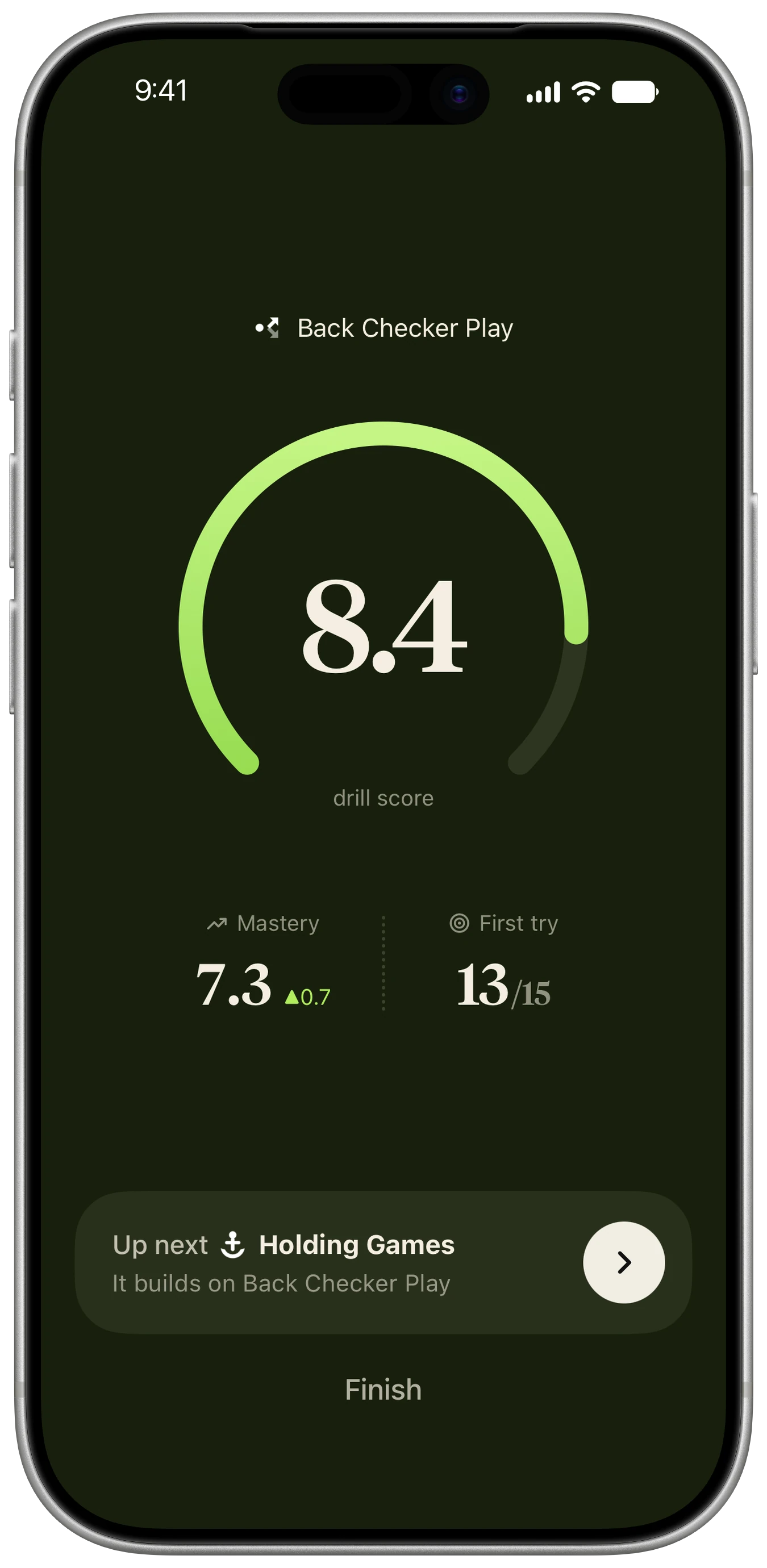 The end of a drill: Back Checker Play scored 8.4, mastery up to 7.3, and Holding Games up next